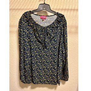 Long sleeve Dia and Co navy with yellow floral details 1X shirt. Plus size.